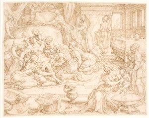 Tamar dando a luz a Fares y Zara de Maarten van Heemskerck