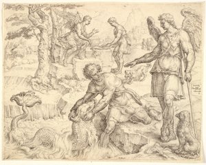 Tobías atrapando el pez en el río Tigris de Maarten van Heemskerck