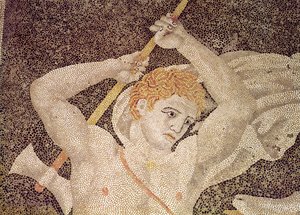 La caza del ciervo, detalle de un cazador, de la Casa del Rapto de Helena de Macedonian School