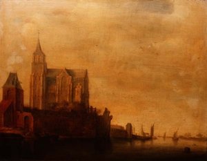 Groote Kerk con vista de la torre principal, Emmerich en un paisaje fluvial con barcos de vela de Maerten Fransz van der Hulst