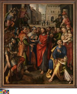 Holandés: La ficha de peaje (Mateo 17:24-27; izquierda), la ficha de cine (Lucas 20:21-26; centro), la parábola de la viuda pobre (Marcos 21:41-44; derecha) (Retablo del Gremio de los Acuñadores
