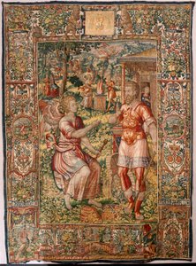 Museo Diocesano (Museo Diocesano). Tapiz flamenco. Bruselas. Taller François Geubels. Serie Historia de Gedeón. Gedeón y el ángel (Gedeón y el ángel). Seda y lana. Legado del obispo Vicente Roca de la Serna. Barroco. 1534-1571, en la catedral desde