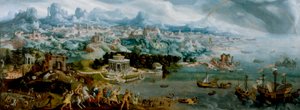 Panorama con el rapto de Helena en medio de las maravillas del mundo antiguo de Maerten van Heemskerck