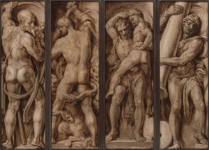 Saturno devorando a un niño; Hércules matando a la hidra; Hércules levantando a Anteo; Hércules erigiendo las columnas de Calpe y Abyla