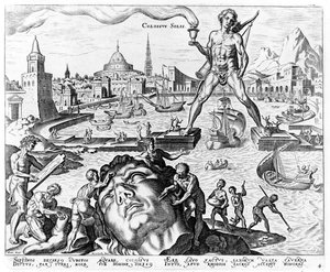 El Coloso de Rodas, lámina 4 de Las Ocho Maravillas del Mundo, grabado por Philips Galle, 1572