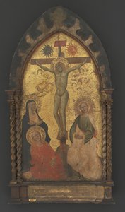 Cristo en la cruz llorado por la Virgen María y los santos María Magdalena y Juan de Maestro Francesco