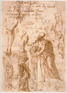 Dos hojas de un cuaderno de bocetos. Seis estudios para figuras de pie, dos estudios para piernas, tres bocetos para pies y una cabeza de Maganza