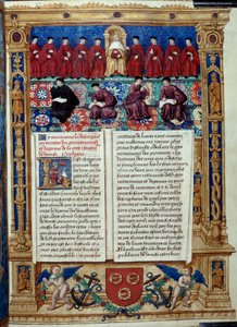 El Consejo de los Diez El Dux está en el centro. Página tomada de una descripción o trata del gobierno y régimen de la ciudad y señorío de Venecia realizada por el Almirante Louis Malet de Graville, iluminada por el Maestro de Felipe de Geldre (siglo XVI