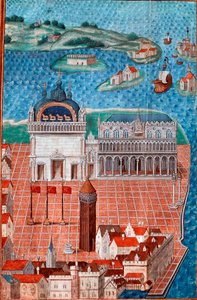 Vista de la Plaza de San Marcos con el Palacio Ducal en Venecia" Miniatura tomada de "Descripción o trata del gobierno y régimen de la ciudad y señorío de Venecia" del Maestro de Felipe de Geldre (1467-1547) Chantilly, Musee Conde de Maitre de Philippe de Gueldre