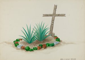 Tumba de niño con cruz de madera - Decoraciones con botellas