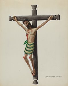 Cristo, Tallado y Pintado, en Cruz de Madera Tallada Negra de Majel G. Claflin