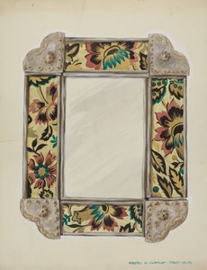 Espejo, enmarcado con paneles de papel tapiz, bordeado en estaño, c. 1938 de Majel G. Claflin