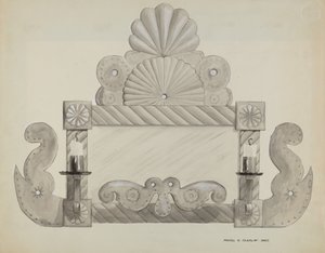 Marco de espejo de estaño con 2 soportes para velas de Majel G. Claflin