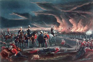 Bivouac nocturno del ejército británico en Ferozshah, 21 de diciembre de 1845, publicado por Ackermann de Major G.F. (after) White