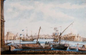 Vista del puerto de las galeras desde el lado de Valetta, c.1800 de Major James of Tolcross Weir
