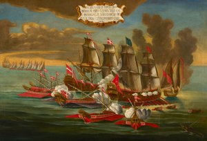 Captura de un barco turco por galeras y barcos de la Orden al mando de Fleurigny, frente a Trípoli (óleo sobre lienzo) de Maltese School