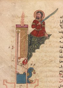 Un reloj de vela, folio deKitab fi ma`arifat al-hiyal al-handisaya (El libro del conocimiento de los ingenios mecánicos) Autómatas de al-Jazari (m. 1206) (tinta, acuarela opaca y oro sobre papel)