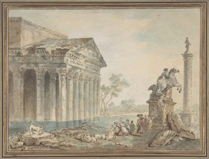 Capricho arquitectónico con monumentos romanos y lavanderas de Manner of Hubert Robert