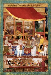 El emperador Jahangir pesa al príncipe Khurram en oro, c. 1610-1615 (miniatura) de Manohar Manohar
