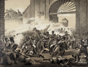 España. Guerra de Independecia (1808). Dos de mayo en Madrid. Muerte de Luis Daoiz defendiendo el Parque de Monteleón. Grabado sobre un cuadro de Manuel Castellano. Litografía.