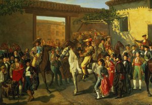 Caballos en un patio junto a la plaza de toros antes de la corrida, Madrid, 1853 (detalle) de Manuel Castellano