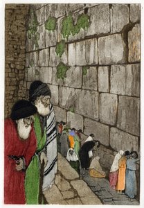 Judíos frente al Muro de los Lamentos, el único vestigio del Templo de Jerusalén construido por el Rey Salomón en -950. Grabado por Manuel Orazzi (1860-1934), en “L