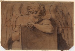 Fragmento de caricatura para ángel adolescente apoyado en una tableta o libro cerrado, ca. 1690-95