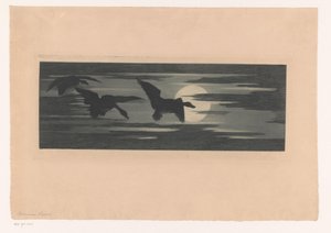 Tres patos migrando junto al sol poniente de Marc Henry Meunier (attributed to)