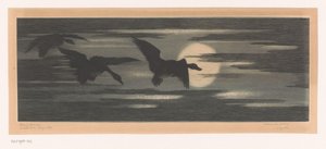 Tres patos migrando junto al sol poniente de Marc Henry Meunier (attributed to)