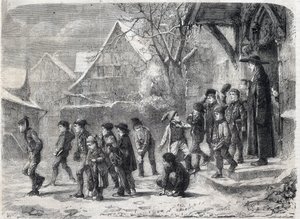 Salida de la escuela en invierno. Grabado después de una pintura de M. B. Vautier en 