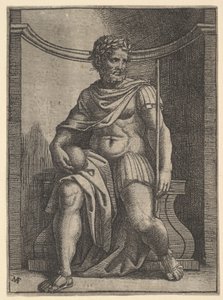 Un emperador romano sentado en un nicho sosteniendo un globo y un cetro y mirando hacia su... de Marcantonio Raimondi