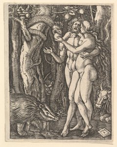 Adán y Eva con manzana y serpiente de Marcantonio Raimondi