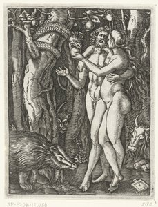 Adán y Eva en la Caída en el Paraíso Pasión de Cristo (título de la serie) de Marcantonio Raimondi