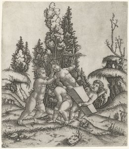 Amor y dos putti o niños llevan una estatua de un putti con un ancla alada sobre un pedestal de Marcantonio Raimondi