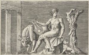 Apolo guarda el rebaño de Admetus Representaciones mitológicas a partir de antiguos bajorrelieves (título de la serie) de Marcantonio Raimondi