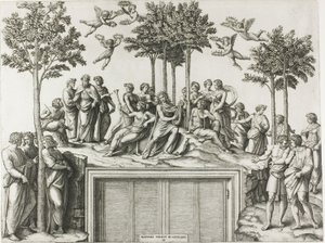 Apolo en el Parnaso, rodeado de las Musas y Poetas de Marcantonio Raimondi