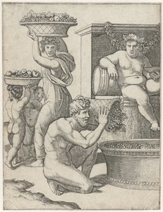 Baco observa a un hombre, una mujer y dos niños que llevan cestas de uvas para preparar el vino
Preparación del vino de Marcantonio Raimondi