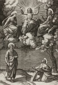 Cristo, la Virgen y San Juan Bautista con los santos Pablo y Catalina de Marcantonio Raimondi