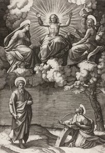 Cristo, la Virgen y San Juan Bautista con los Santos Pablo y Catalina de Marcantonio Raimondi