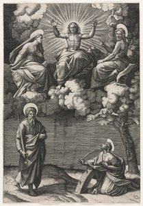 Cristo, la Virgen y San Juan Bautista con los Santos Pablo y Catalina, c. 1520-1525 de Marcantonio Raimondi