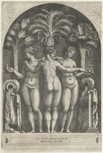 Tres Gracias de pie en un nicho frente a tres palmeras y flanqueadas por cántaros de los que brota agua. de Marcantonio Raimondi