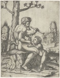 Fauno con flauta juega con niño