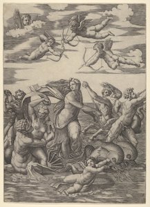 Galatea en un carro de agua tirado por dos delfines de Marcantonio Raimondi