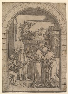 Joaquín abrazando a Santa Ana bajo la puerta dorada en Jerusalén, después de Durero de Marcantonio Raimondi