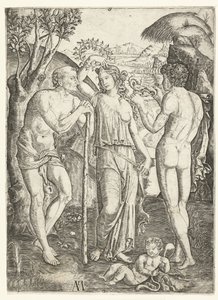 mujer joven, con, corona, de, hojas, posición, entre, anciano, reclinado, palo, y, joven, con, dragón, y, niño de Marcantonio Raimondi