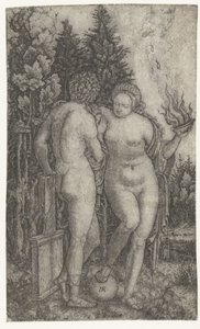 Joven protegido por mujer con globo terráqueo y cuenco de ofrendas como personificación de la Fortuna (Fortuna) de Marcantonio Raimondi