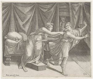 José y la esposa de Potifar de Marcantonio Raimondi