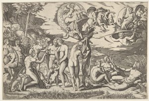 Juicio de Paris: Paris extiende su mano hacia Venus, quien está entre Juno y... de Marcantonio Raimondi
