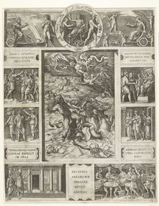 Júpiter calma la tormenta en el mar en marco rectangular con nueve escenas de la épica Eneida de Marcantonio Raimondi