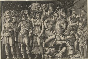 El emperador Trajano coronado por Victoria junto a la personificación femenina de Roma y los romanos en la batalla con los dacios. de Marcantonio Raimondi